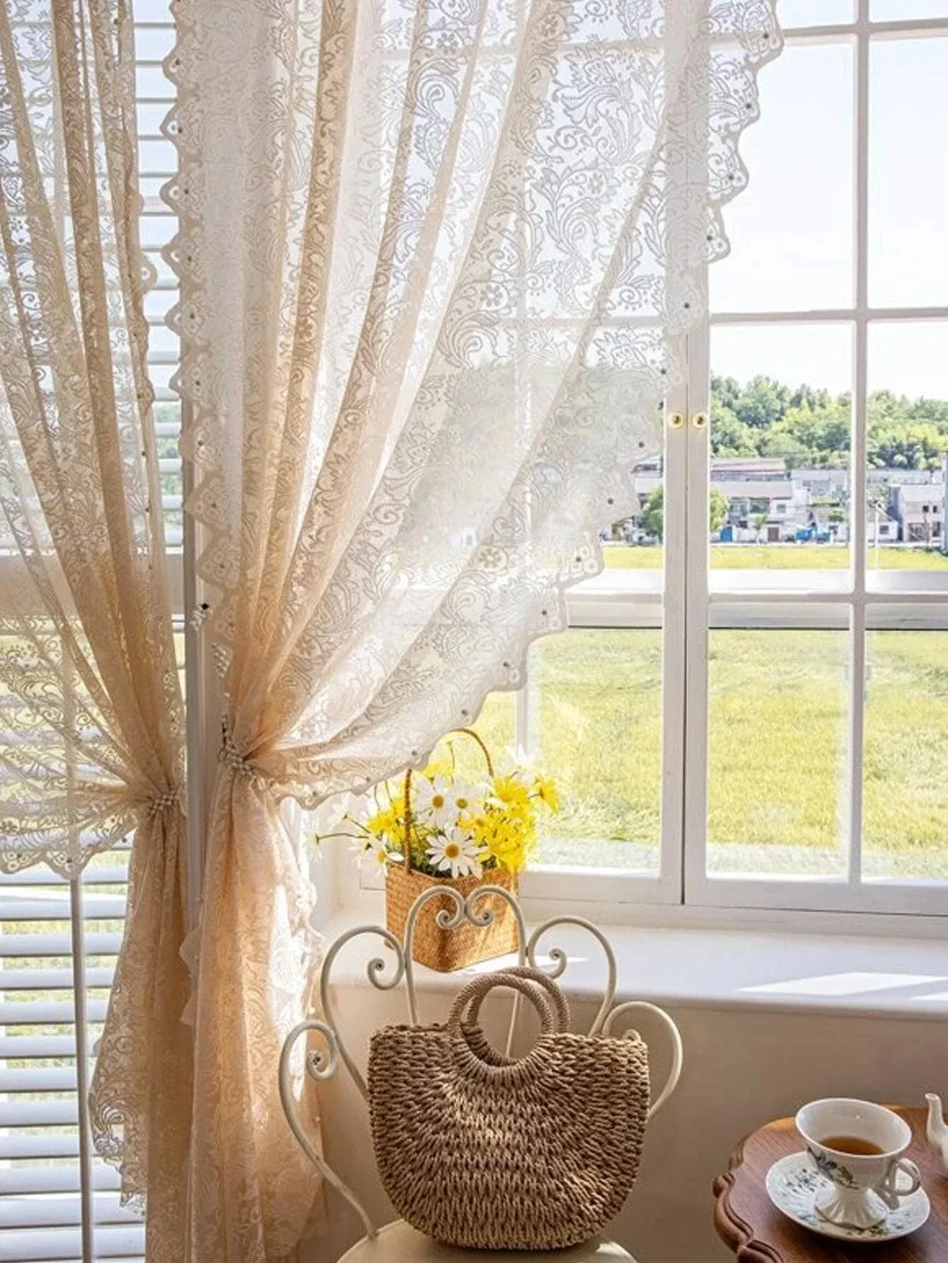 Fenstervorhang für Wohnzimmer, 1 Stück, ländliche romantische Schattierung, Spitze, Perlen-Bildschirmvorhang, Schlafzimmer