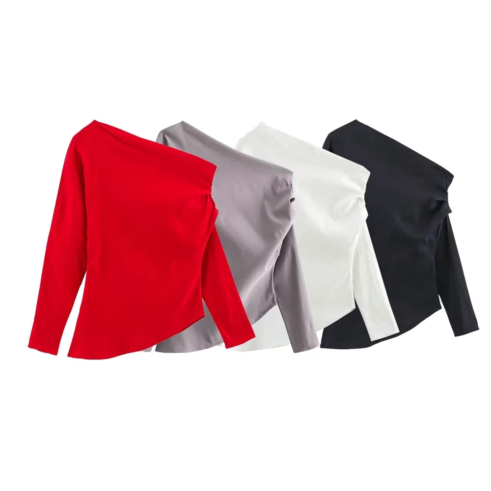 PB&ZA2024 autumn new women\'s clothing fashionable temperament slim fit asymmetrical design pleated elastic top