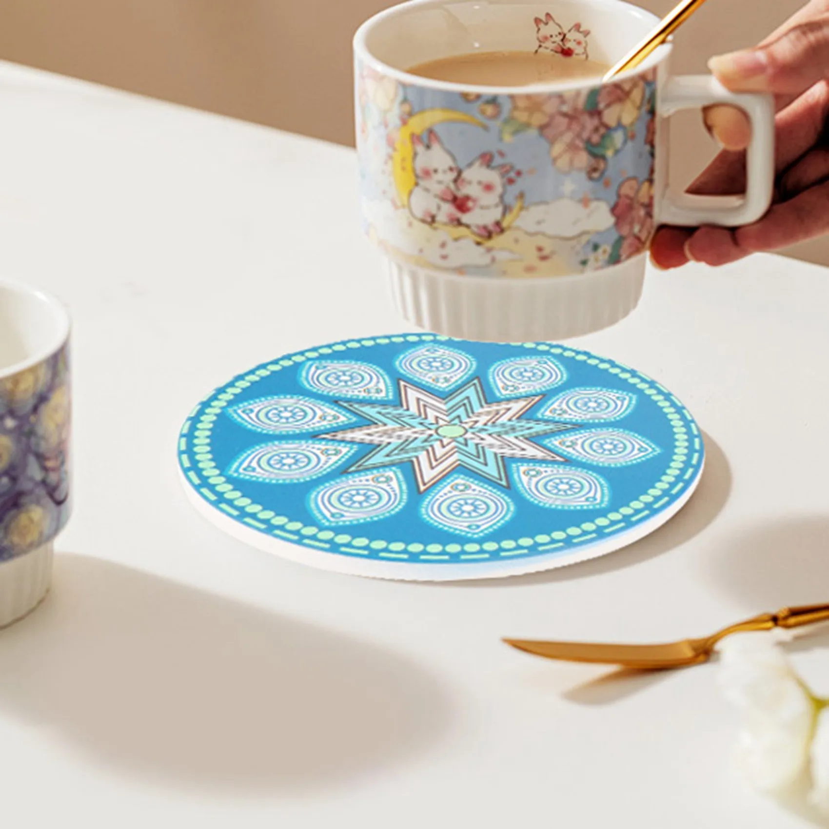 

Подставки ABHU для напитков, набор из 8 впитывающих каменных подставок для деревянного стола, подставки для мандалы с пробковым основанием