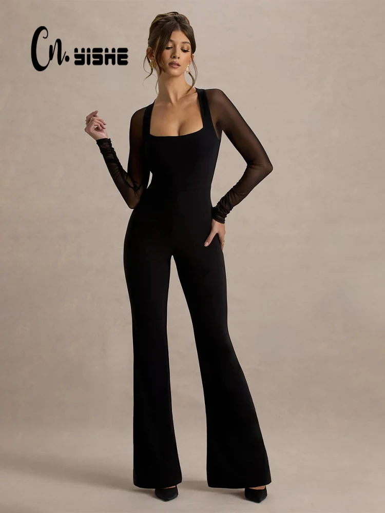 

CNYISHE Mesh Pacthwork Square Collar Women Jumpsuits Long Sleeve Solid Sexy Club Tompers Elegant Sheath Female Trendy Streetwear
