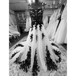 Black And White Wedding Dresses Straps A Line Boho Bridal Gowns Lace Appliques Tulle Elegant Bride Dress Back Lace-Up Customized