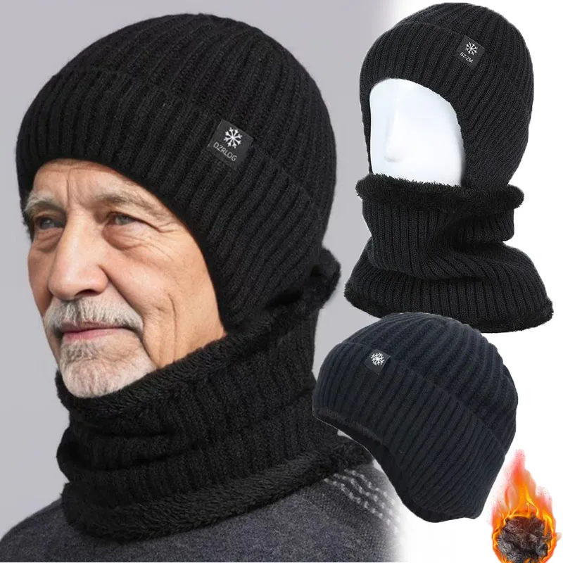 

Men's Winter Warm Ear Protection Fluffy Hat Thickened Knitted Wool Ear Bags Hat Scarf Two Sets of High Elasticity