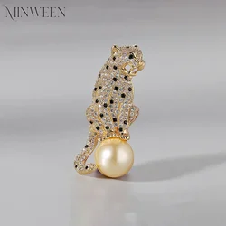 High Quality Copper Zircon Leopard Brooch Pearl Animal Brooch For Men Women Jewelry Gift Wholesale