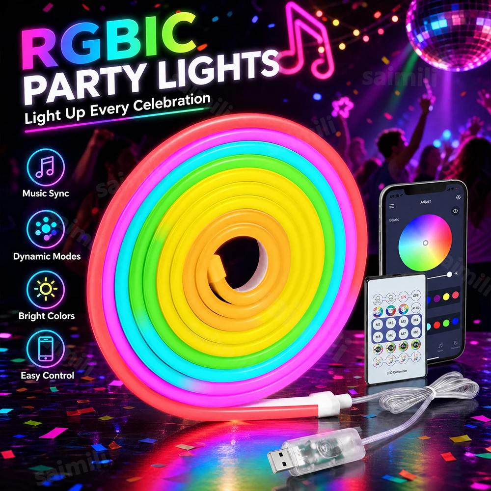 RGBIC LED Neon Strip Light Dynamic Scene Effects Waterproof Flexible Cuttable USB Ambient Light For Home Party Holiday DIY Decor