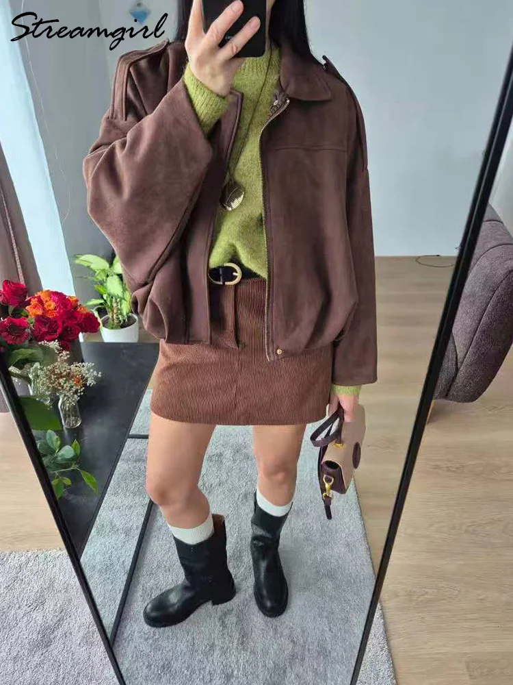 تنورة قصيرة من Streamgirl للخريف مع شورت نسائي تنانير قصيرة عتيقة باللون البني مع سحاب للمكتب للسيدات في الخريف