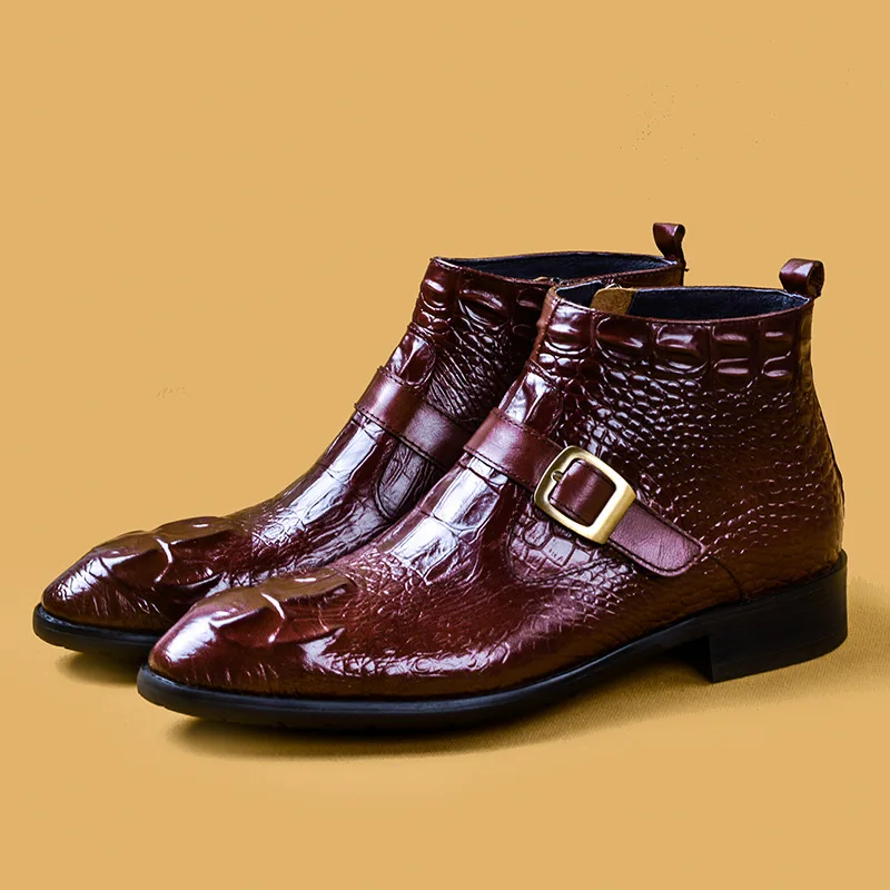 Mens Genuine Leather Crocodile-Embossed ZIP Ankle Boots, Top Grain Leather British Style Zip Winter Warmth Fur-Lined Option