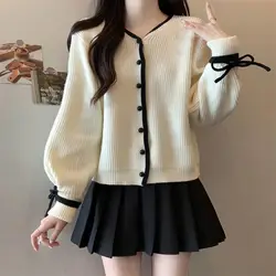 Vintag Chinese Style Autumn/Winter New Sweaters Women's V-Neck Single Breasted Bandage Chic Long Sleeve Cardigan Knitted Tops