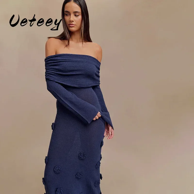 

Ueteey Elegant Floral Appliques Knitted Maxi Dress for Women Sexy Off Shoulder Long Sleeve Slim Holidays Party Dresses 2025