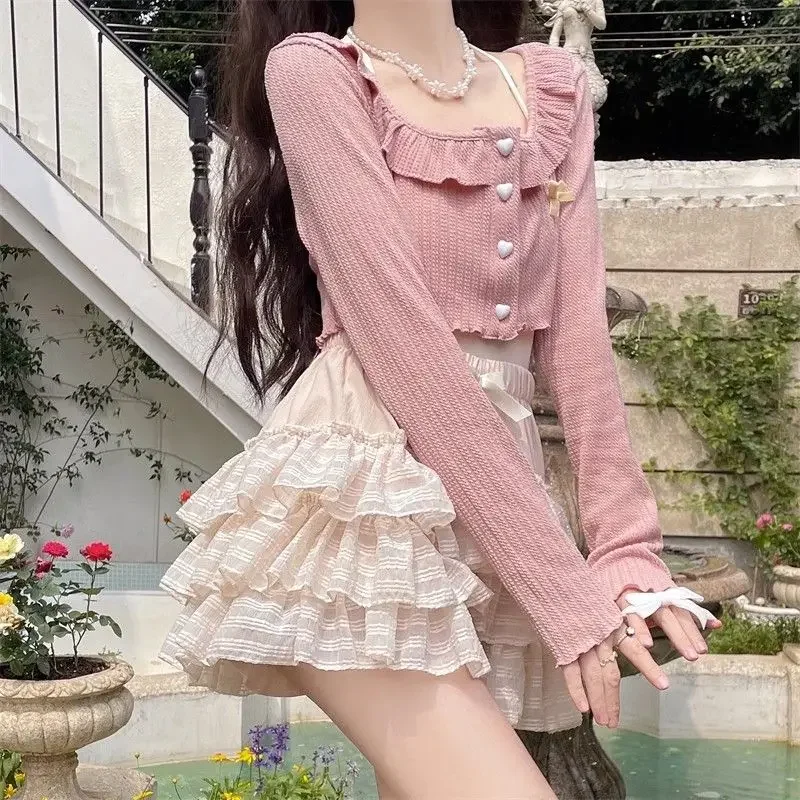 Y2k Kawaii Sweet Ruffles Square Collar Long Sleeve Cardigan Coat+ High Waist Ruched A-line Cake Shorts Skirts New Two Piece Sets