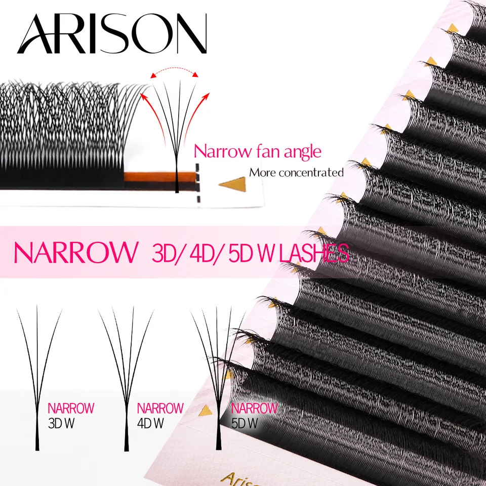 Pestañas Postizas ARISON Narrow 3D/4D/5D W con Abanicos Premade en V, Suaves y Negras Mate, Fáciles de Aplicar