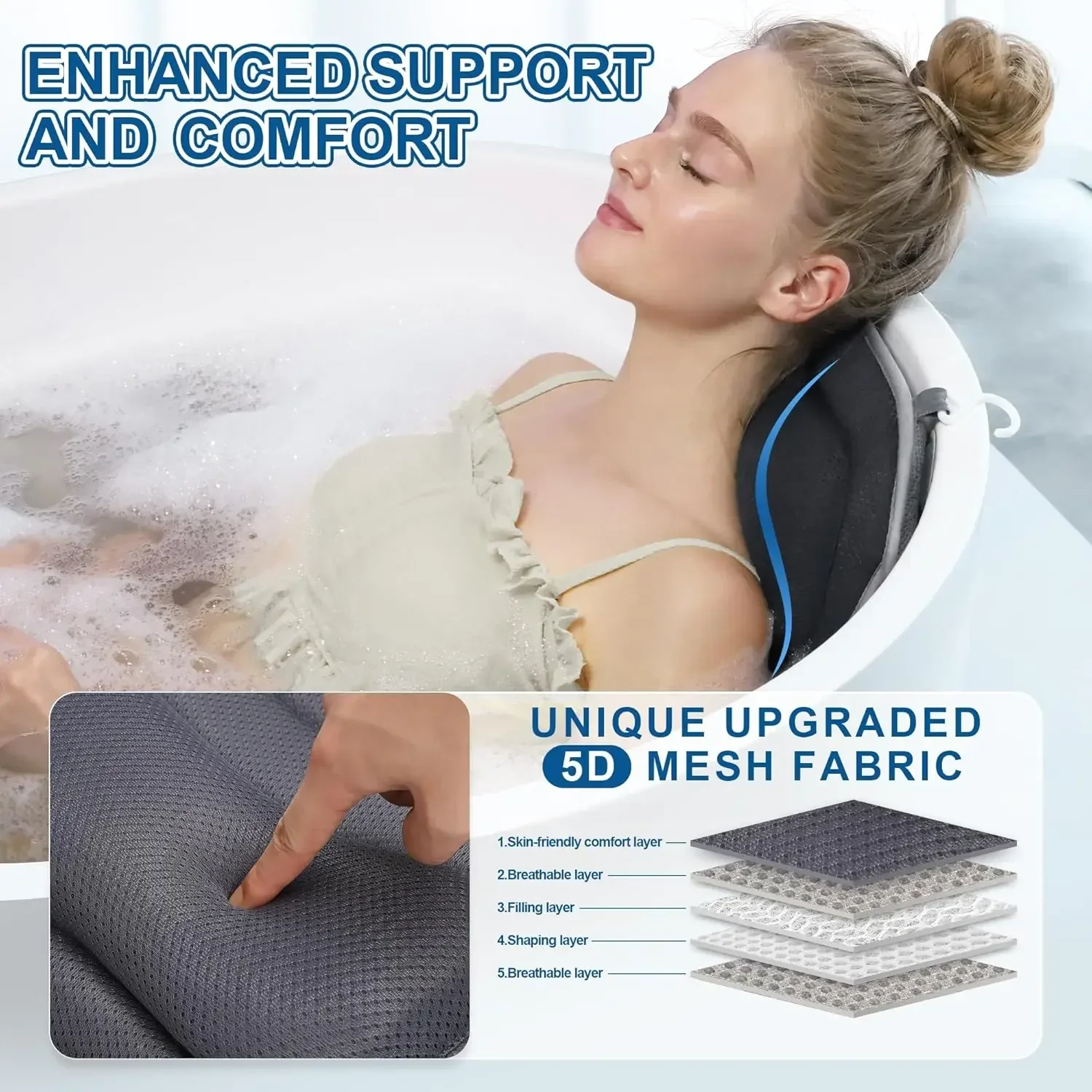

Full Body Bath Pillow for Tub - Extra Long & Thick Tub Pillow with Head, Back & Lumbar Support, 168 Non-Slip Suction Cups, Soft