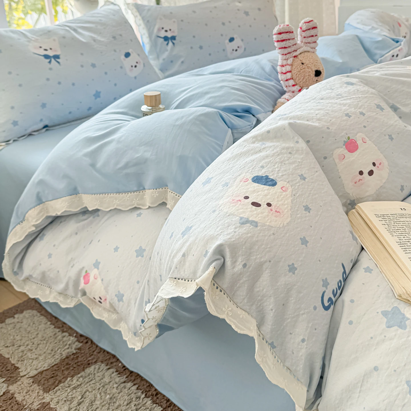 Double-layer Gauze Bedding Set With Lace Single/Queen/King Size Bed Sheet Sets Cartoon Style Bed Cover Full Set Bedding 이불세트