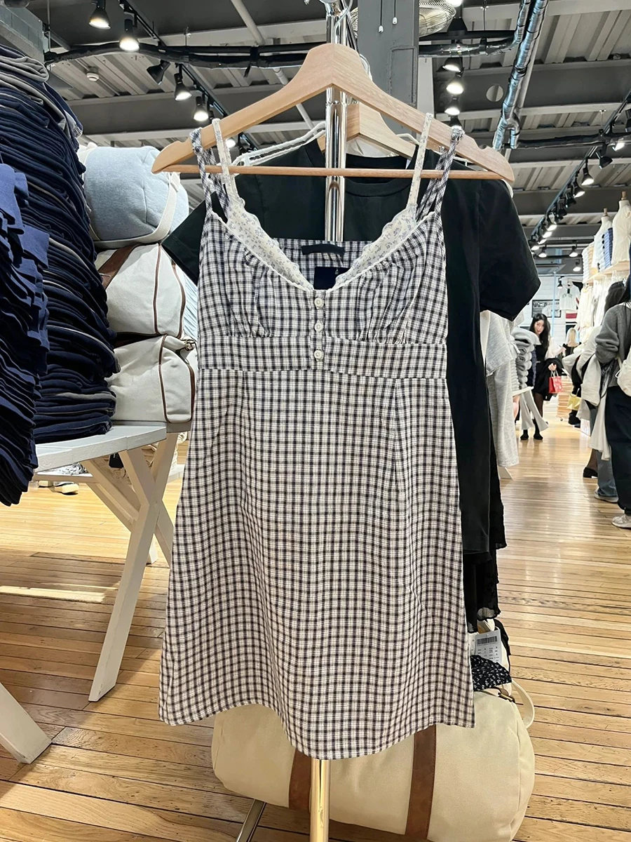 빈티지 해군 격자 무늬 미니 Camis 드레스 여자 여름 레이스 트림 버튼 v-목 탄성 허리 a 라인 짧은 Vestido 코튼 스위트 드레스