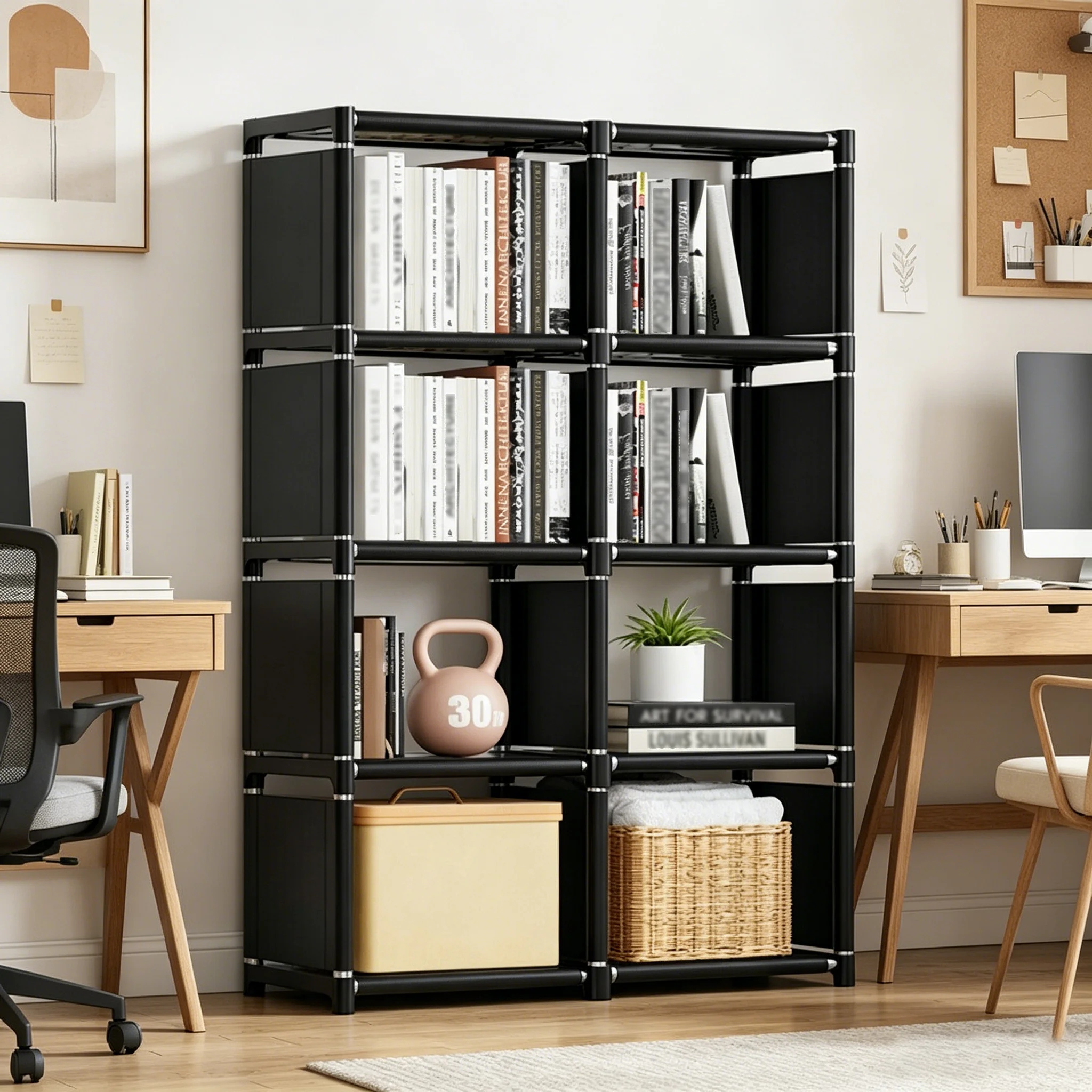 6-Compartment/8-Compartment Double-Row Bookshelf with Metal Frame, Modular Assembly Storage Rack for Home, Student Bookshelf, Office Study Bookcase, Rental Room Dormitory Storage Rack, Bedside Bedroom Floor-Standing Storage Shelf