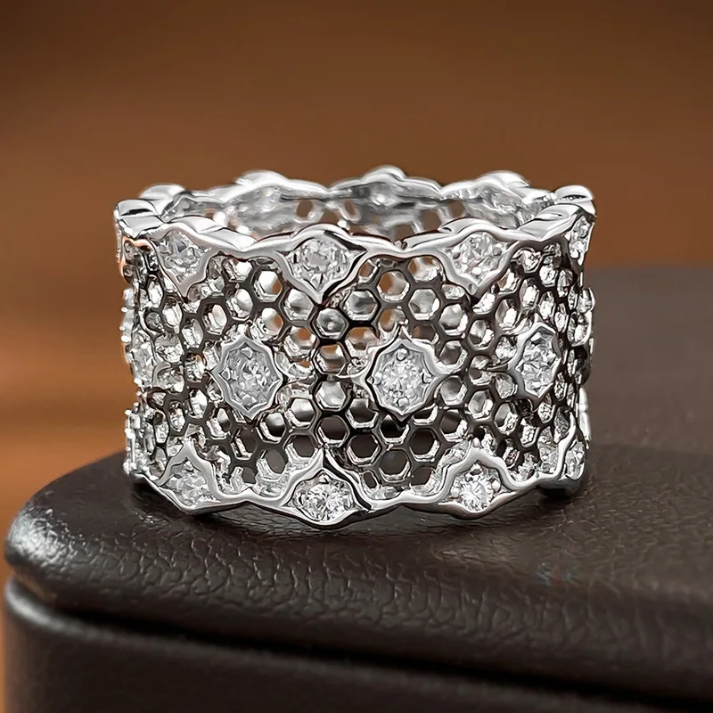 2023 New Black Lace Ring S925 Silver Hollow Mesh Index Finger Ring Women's European and American Style Wide Edition