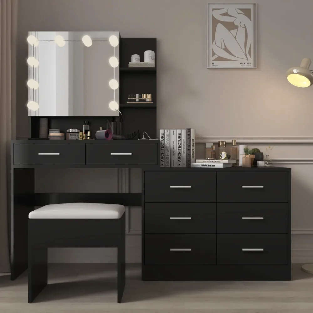 Vanity Table with Charging Station Mirror and 10 LED Light Bulbs, Makeup Table with Drawers and Storage Shelves, Black Dressers