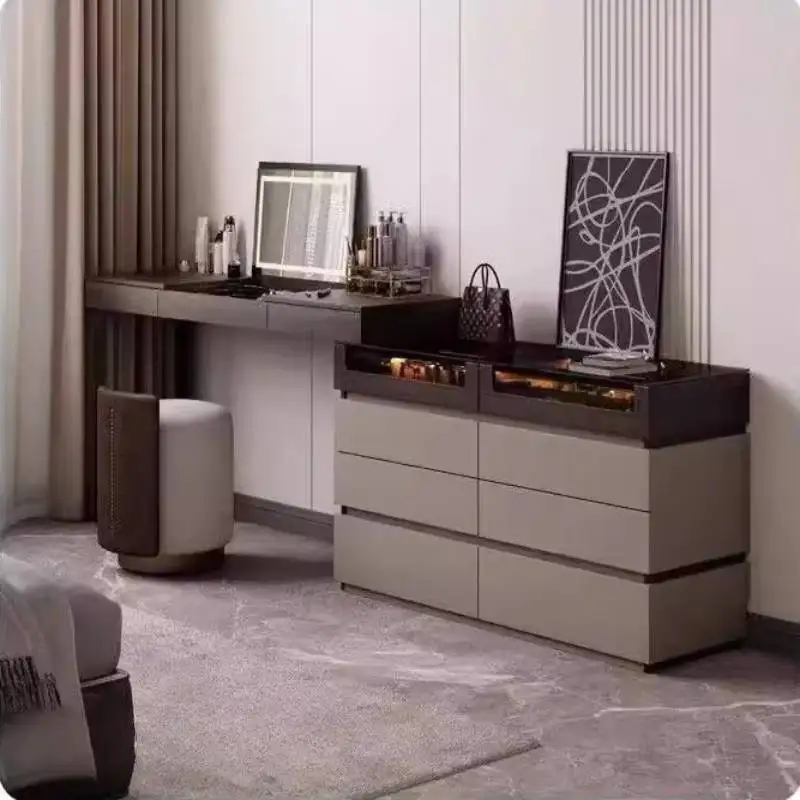 Brown Hidden Makeup Vanity Desk Luxury Drawer Grey Mirror Makeup Vanity Desk Vintage Modern Kaptafel Furniture For Bedrooms