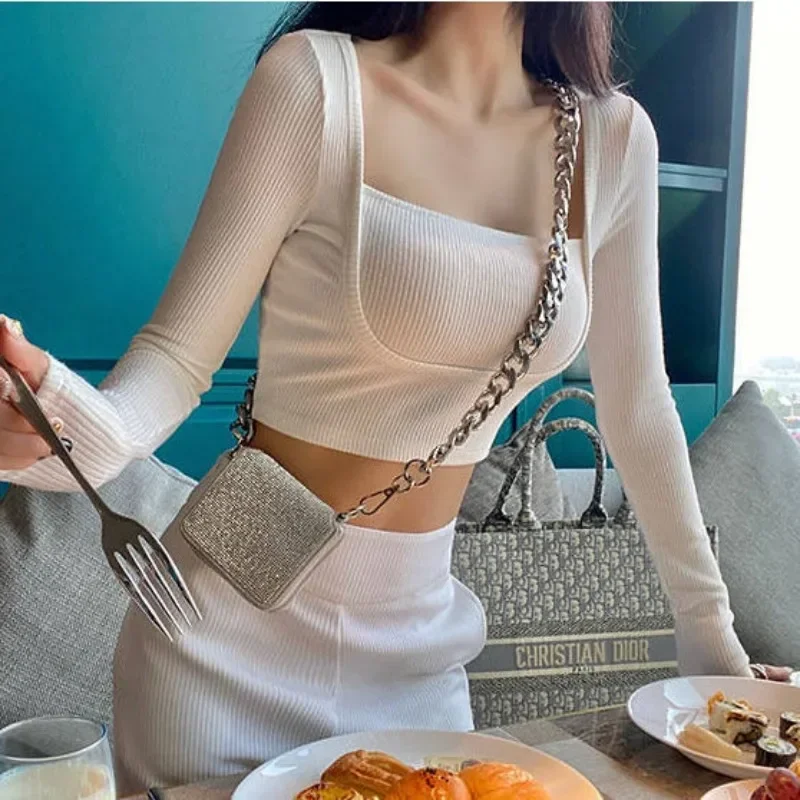 Sexy Y2k Crops T-shirts Women Fake Two Piece American Harajuku Pure Casual Femme Ropa Retro Thin Streetwear Gothic Chic Hotsweet