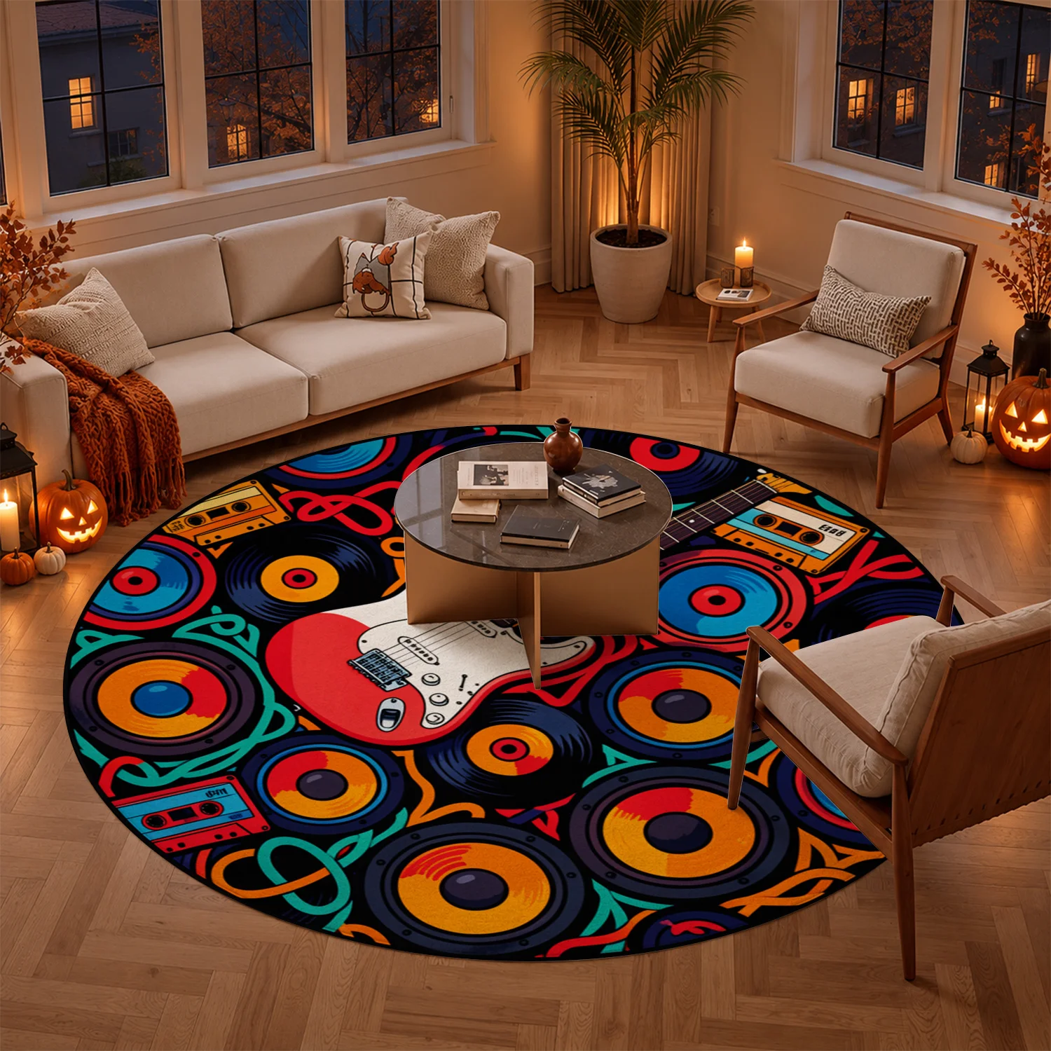Retro Music Guitar Vinyl Cassette Pattern Round Velvet Rug, Machine Washable, Suitable for Living Room, Bedroom, Music Studio, Perfect for Halloween, Thanksgiving, Black Friday, Christmas, New Year Home Decor