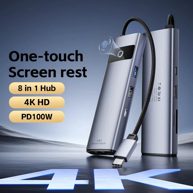 

8-in-1 Type-C HUB USB-C Adapter 4K HDMI PD100W USB 3.0 100Mbps Ethernet line For meetings presentations for MacBook iPad laptops