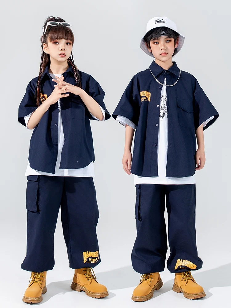 Summer Street Dance Clothing Boys Hip Hop Clothes Short Sleeves Shirt Pants Loose Performance Suit Girls Kids Jazz Outfit L12735