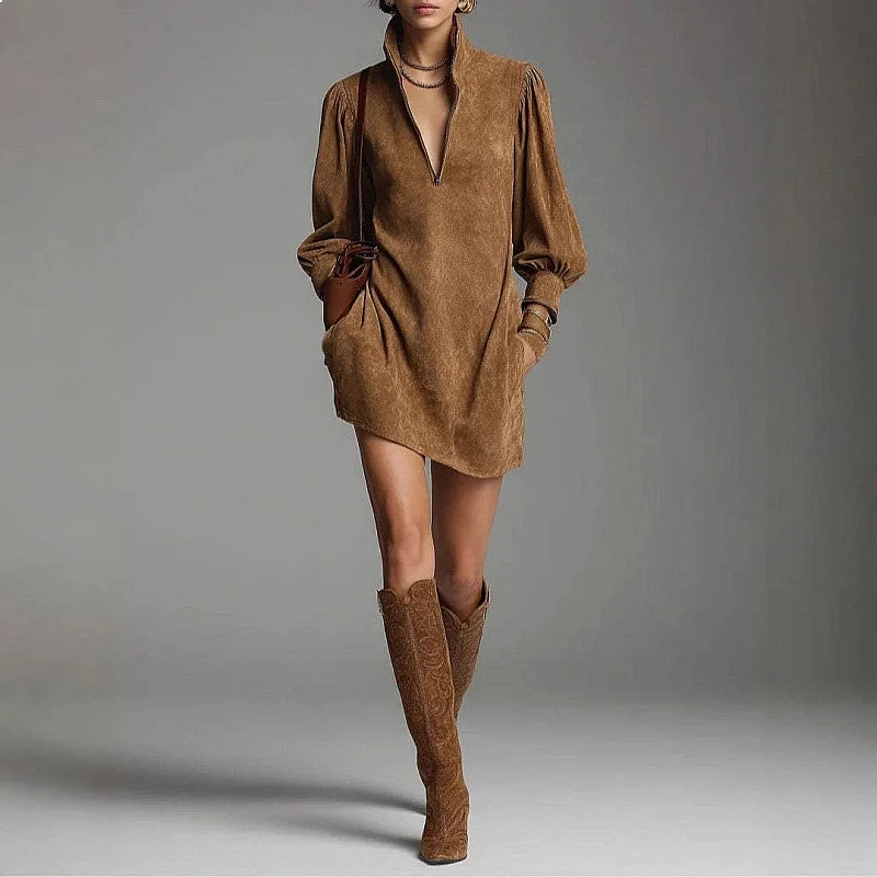 Retro Lantern Sleeve Zipper Stand Collar Casual Dress Dresses Spring Summer Matching Set