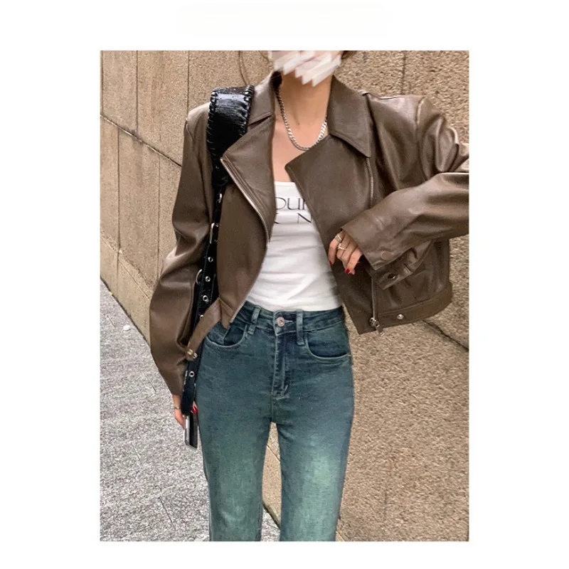 Brown Short Leather Jacket Women's American Style Retro Motorcycle Cool Hot Autumn New Short Jacket for Women