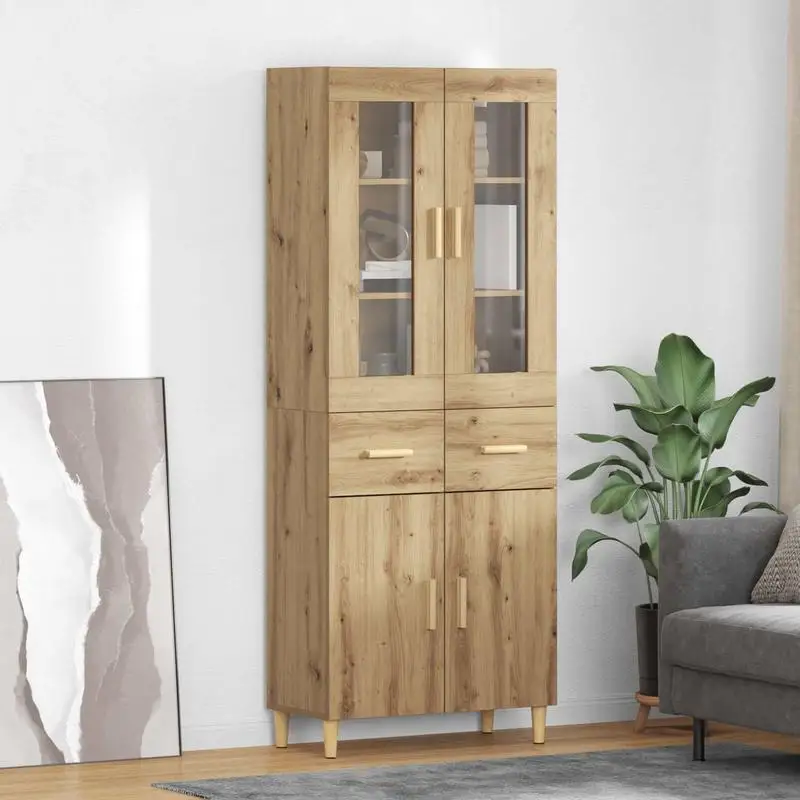 Hochschrank: Modernes Aufbewahrungsmöbel für Esszimmer und Wohnzimmer, aus Holz gefertigt, mit geteilten Türen und Regalen.