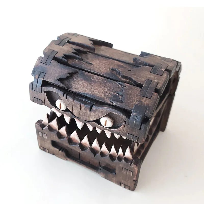 Mimic Chest para Dungeons and Dragons, Tower Tray, Wood Gravado Dice, Terror Dobrável Portátil, Monster Craft Decoração Acessório