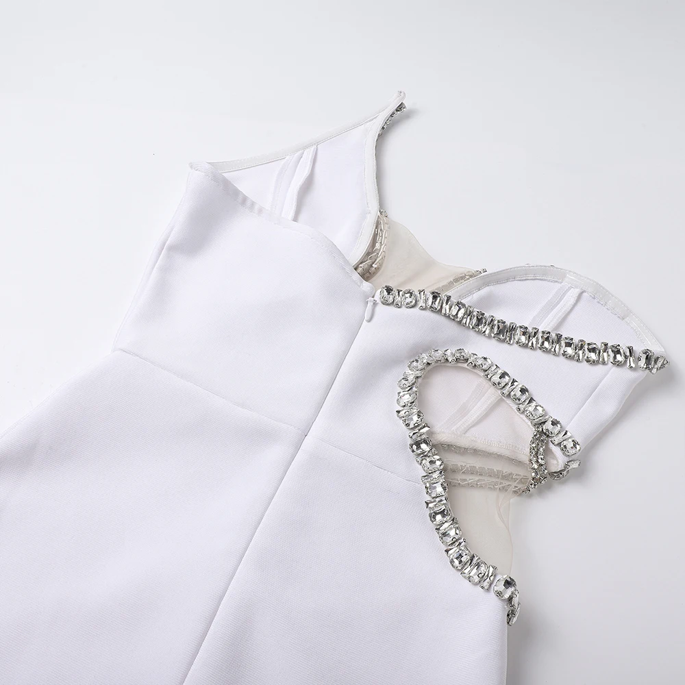 PB エレガント ホワイト ノースリーブ マーメイド スタイル 包帯 ロング ドレス クリスタル装飾 バックレス カットアウト パーティー ウェディング ドレス