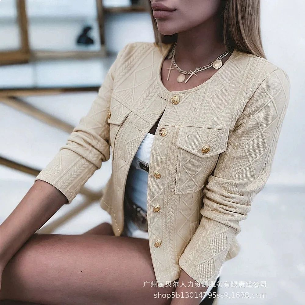 LZJ2853 French three-dimensional jacquard, round neck gold buckle short jacket
