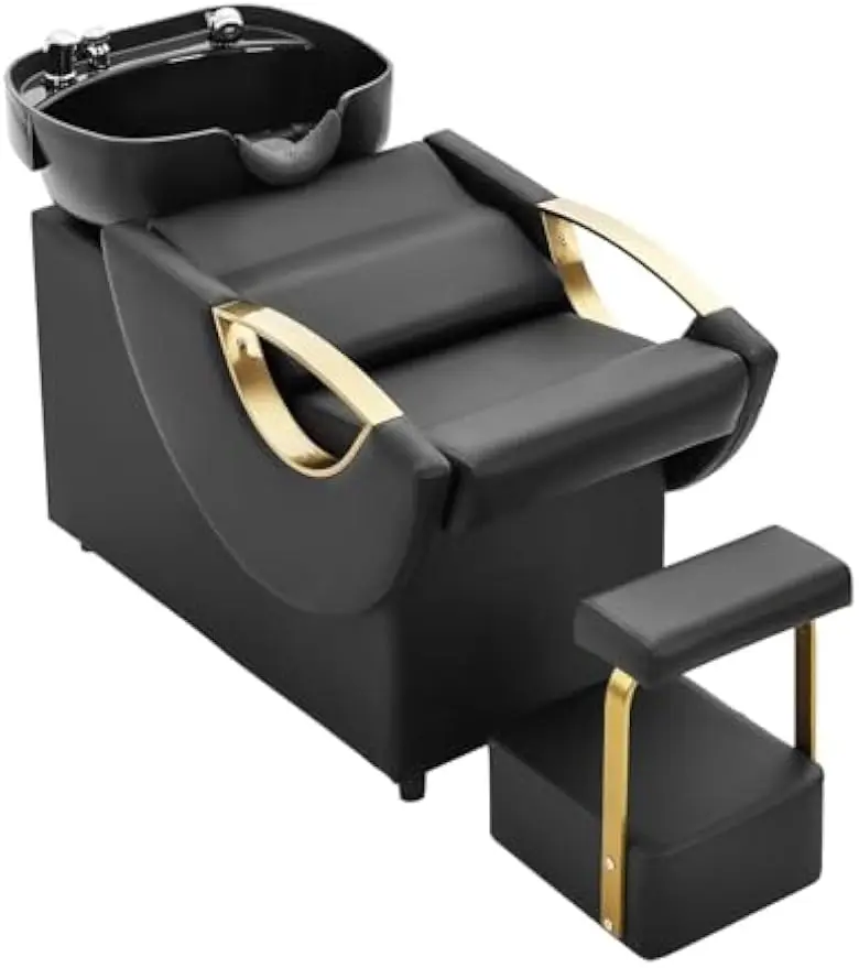 Shampoo Bowl Chair Set Salon Shampoo Seat Footstool Deep ABS Basin Soft Neck Rest 450lbs Load Capacity PU Leather Ideal Spas Bar