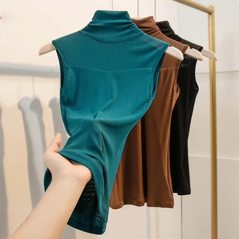 Women Clothings Sleeveless Tops For women Turtleneck Mesh woman's tops Solid Color Summer T-shirts For Girls Office Lady Shirts