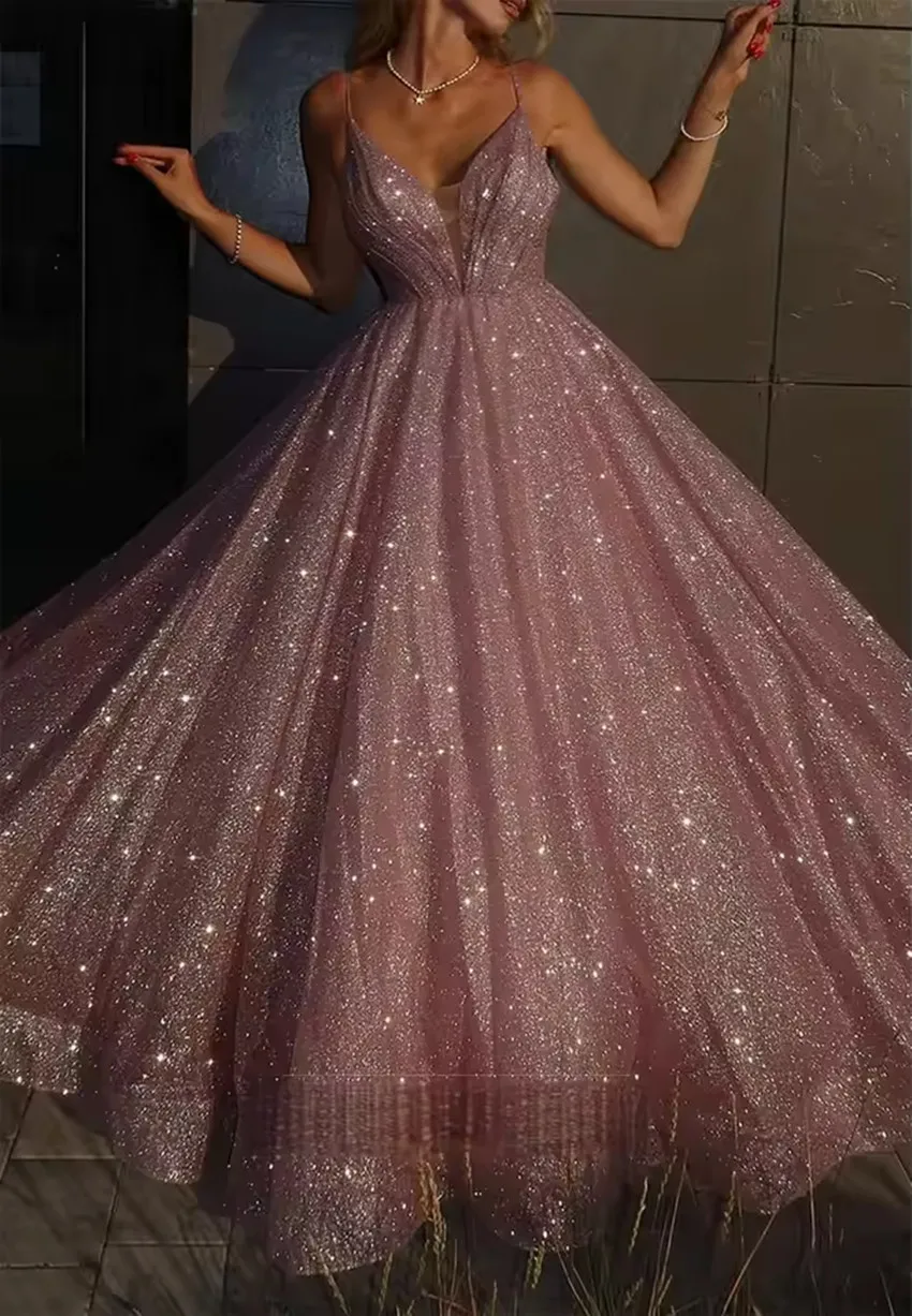 

Customized Elegant Women's A-Line Prom Dress Shining Tulle A-Line Wedding Party Dress Spaghetti Strap Formal Evening Dresses