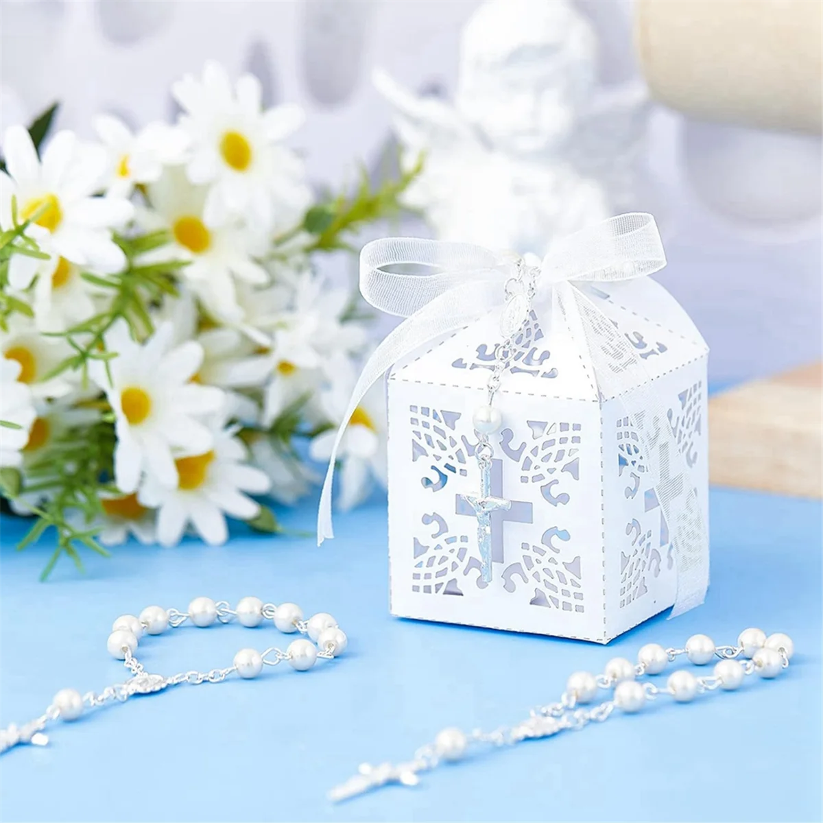 CXZD-50 Packs Baptism Favors Acrylic Rosary Beads Faux Pearls with Organza Bags Baptism Favor for Christening Weddings Party