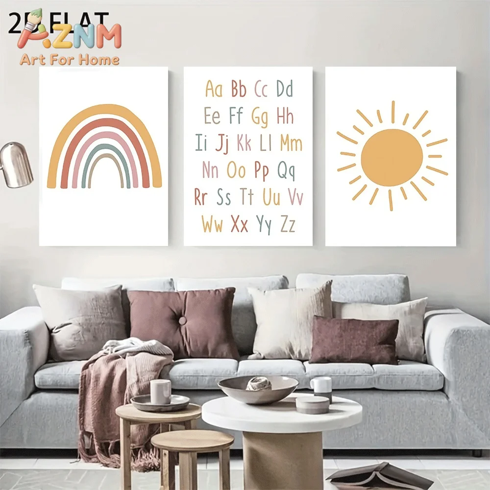 AZNM Boho Rainbow Sun Alphabet Canvas Wall Art, Colorful ABC Letters Educational Learning Poster Warm Neutral Tone Cute Nursery