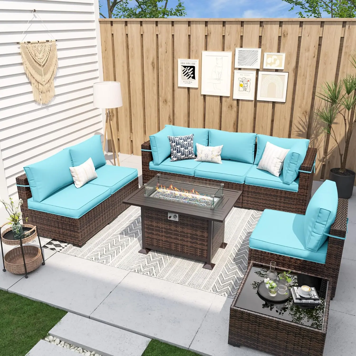 Mobiliário de exterior Rattan Define com Fire Pit Table, Sofá Modular Set para quintal, deck e mesa de café