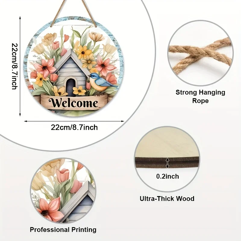 1 قطعة علامة ترحيب خشبية دائرية للمزرعة الريفية ، تصميم زهور وطيور للربيع/الصيف مطبوع بالأشعة فوق البنفسجية ، ديكور جداري متعدد الاستخدامات للمنزل