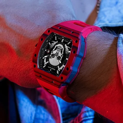 

Мужские автоматические часы BONEST GATTI Tonneau, механические наручные часы из углеродного волокна, водонепроницаемость 5ATM, светящийся циферблат с черепом, сапфировое стекло