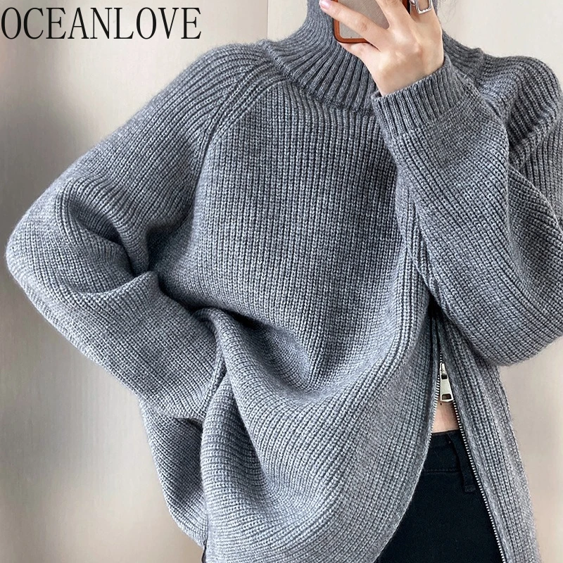 

OCEANLOVE Turtleneck Autumn Winter Clothes Woman Sweaters Zipper Vintage Loose Pullovers Korean Fashion Warm Pull Femme