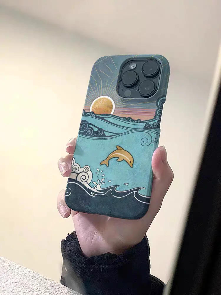 Japanese Style INS Dorphin in the Sea Beautiful Scene Artistic Phone Case for iPhone 15 14 11 12 13 Pro Max Plus Back Cover