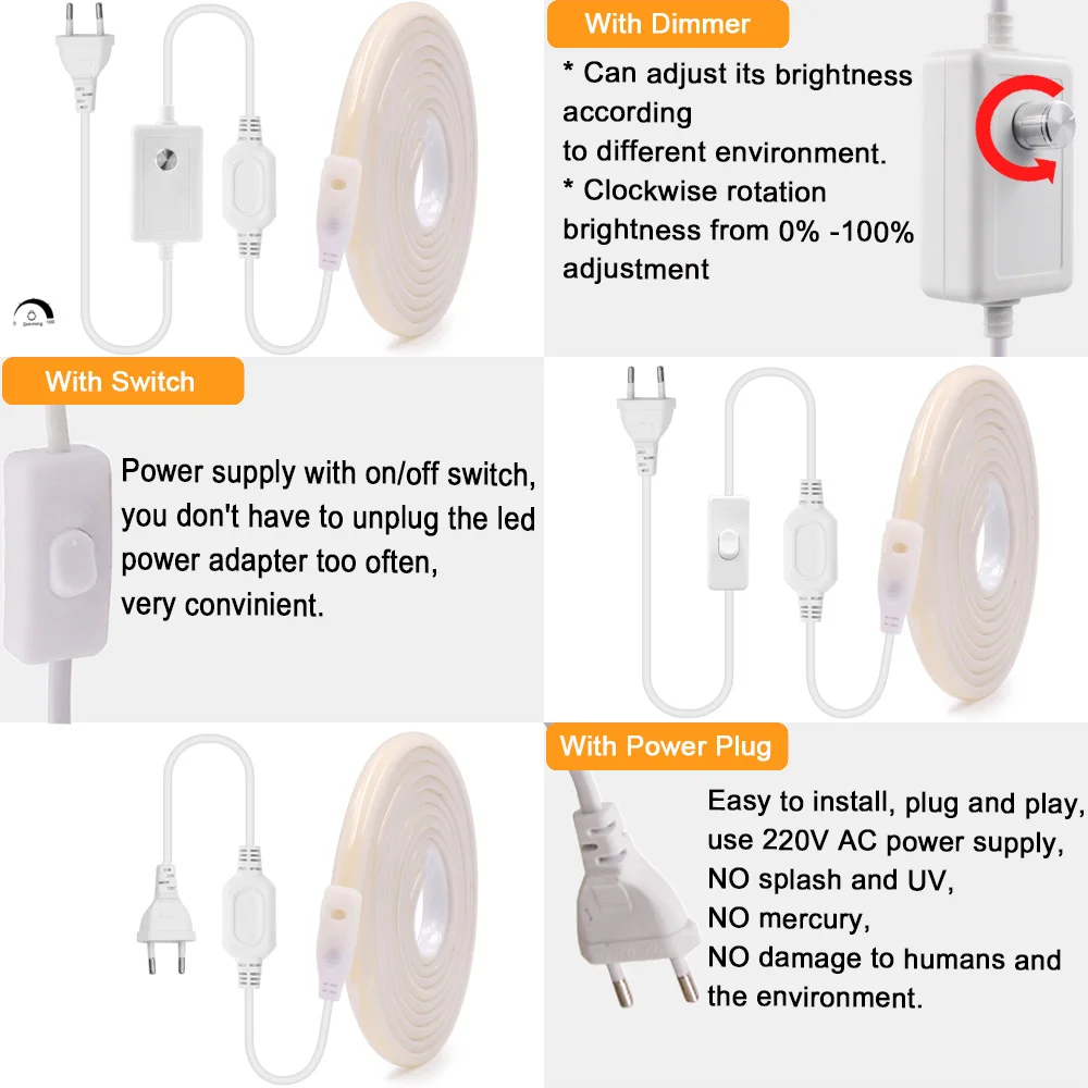 Tira de luces LED de neón COB regulable, Kit de alimentación con interruptor de atenuación, 220V, 288 LED, iluminación lineal de alta densidad,