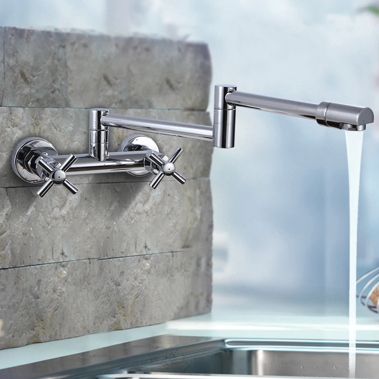 Olefy Latest Modern Kitchen Mixer 360 Degree Rotation Wall Mounted Double Lever Sink Faucet