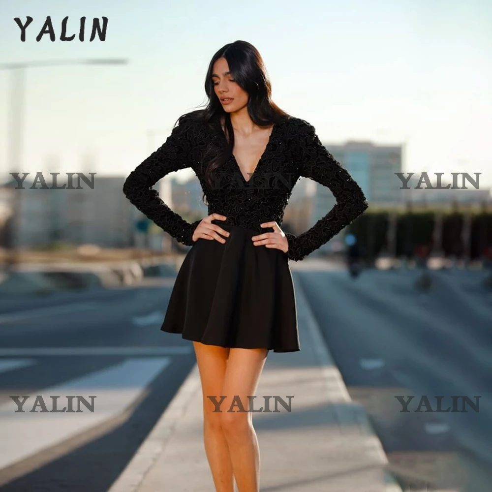 YALIN Tay Dài Đen Cocktail Áo Gợi Cảm Dubai Cổ V Sâu Táo Mini Chiều Dài Câu Lạc Bộ Mặc Đồ Bầu Vestidos De Fiesta