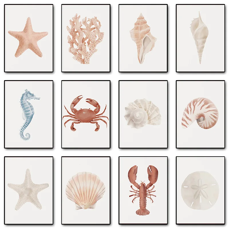 Póster de Arte de Pared con Diseño de Conchas Marinas, Cangrejos, Arena, Acuarelas, Corales y Estrellas de Mar, Decoración para el Hogar y Habitaciones