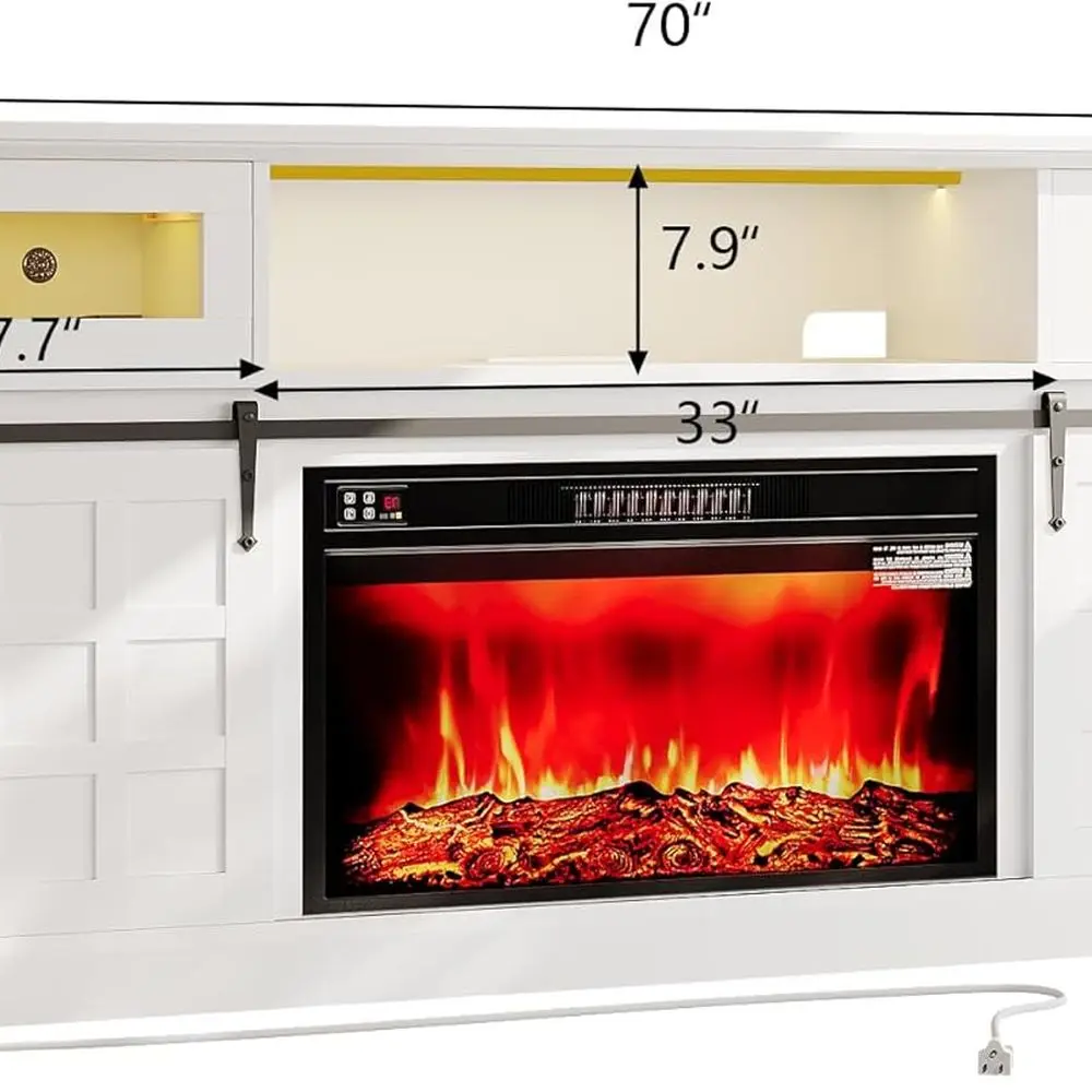 70 مركز ترفيه أبيض ريفي مع أضواء LED ومنافذ طاقة وباب منزلق لـ 80 تلفزيونًا #2