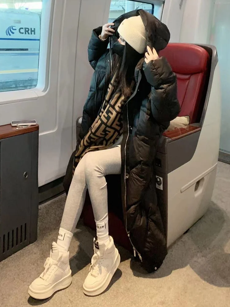 Cappotto da donna bianco sopra il ginocchio lungo Du down Jaet Cappotto da pane con cerniera e cappuccio caldo tessuto memory casual vestibilità ampia