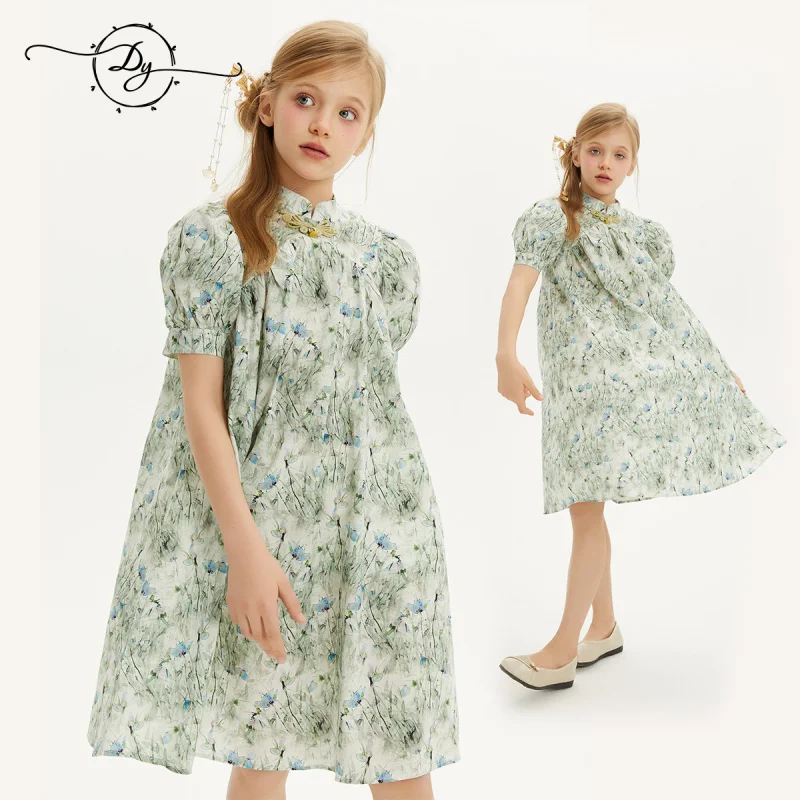 

Traditional Chinese Style Girls' Improved Hanfu Dress, Medium and Large Children's Floral Chiffon Summer Print Button New Chines