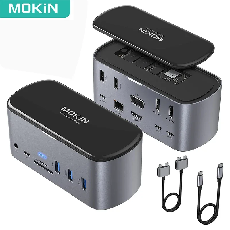 MOKiN USB C Docking Station HDMI USB 3.0 Ports PD100W SD TF Ethernet Thunderbolt 3 SSD Enclosure Triple Monitors for Macbook Air