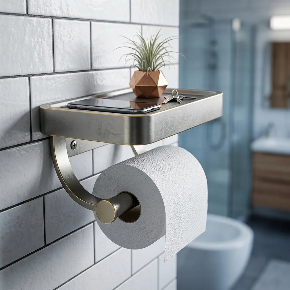 Mounting Hole Distance 5.1 Inch Zinc Alloy Toilet Paper Holder with Shelf and Phone Stand for Easy Installation